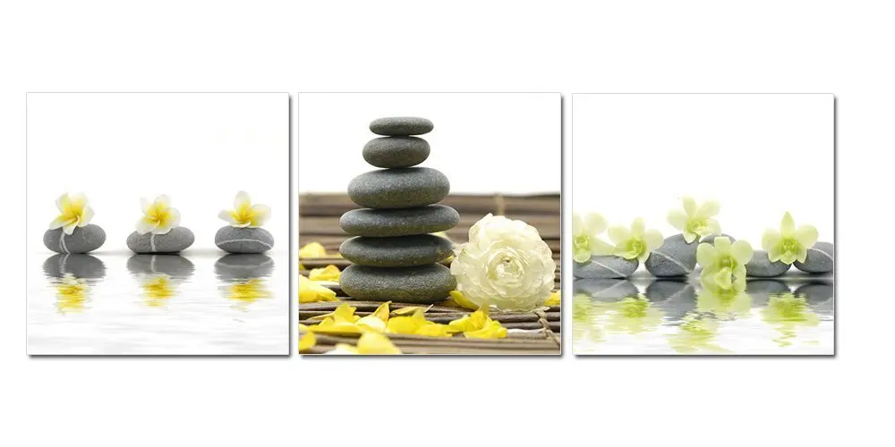 Pictures Prints on Canvas Wall Artwork 3 Pieces Yellow Flowers with Black Stone Modern Giclee Spa Zen Walls Art Work for Decor | Дом и сад