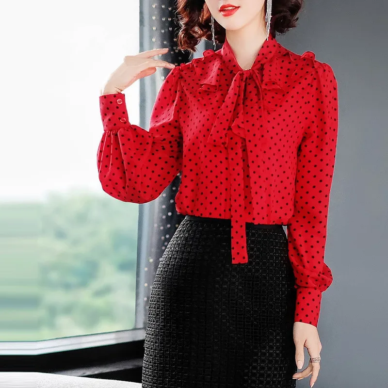 Блузка женская с длинным рукавом в горошек оборками бантом 2019 | Женская одежда