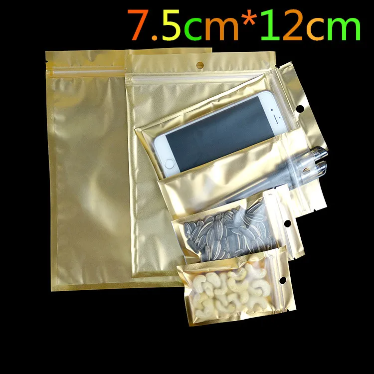 

Small 7.5*12cm Golden / Clear Self Seal Zipper Plastic Retail Packaging Pack Bag Zip Lock Storage Bag Package With Hang Hole