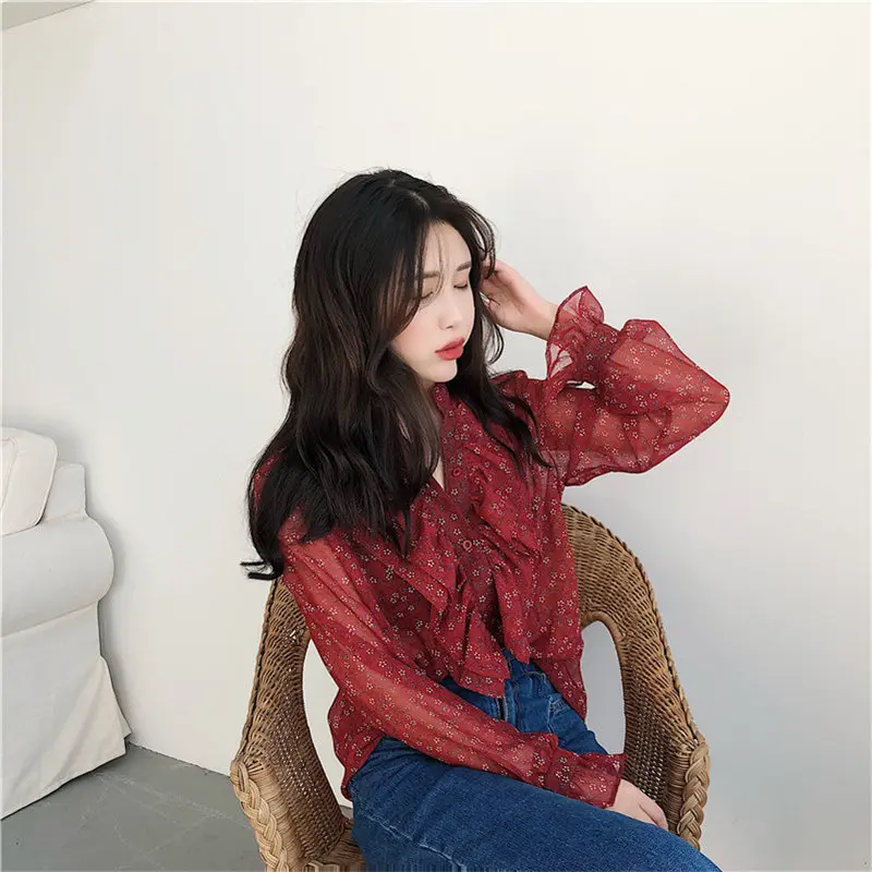 Женская рубашка Hzirip с цветочным принтом из шифона со стильными оборками высокое