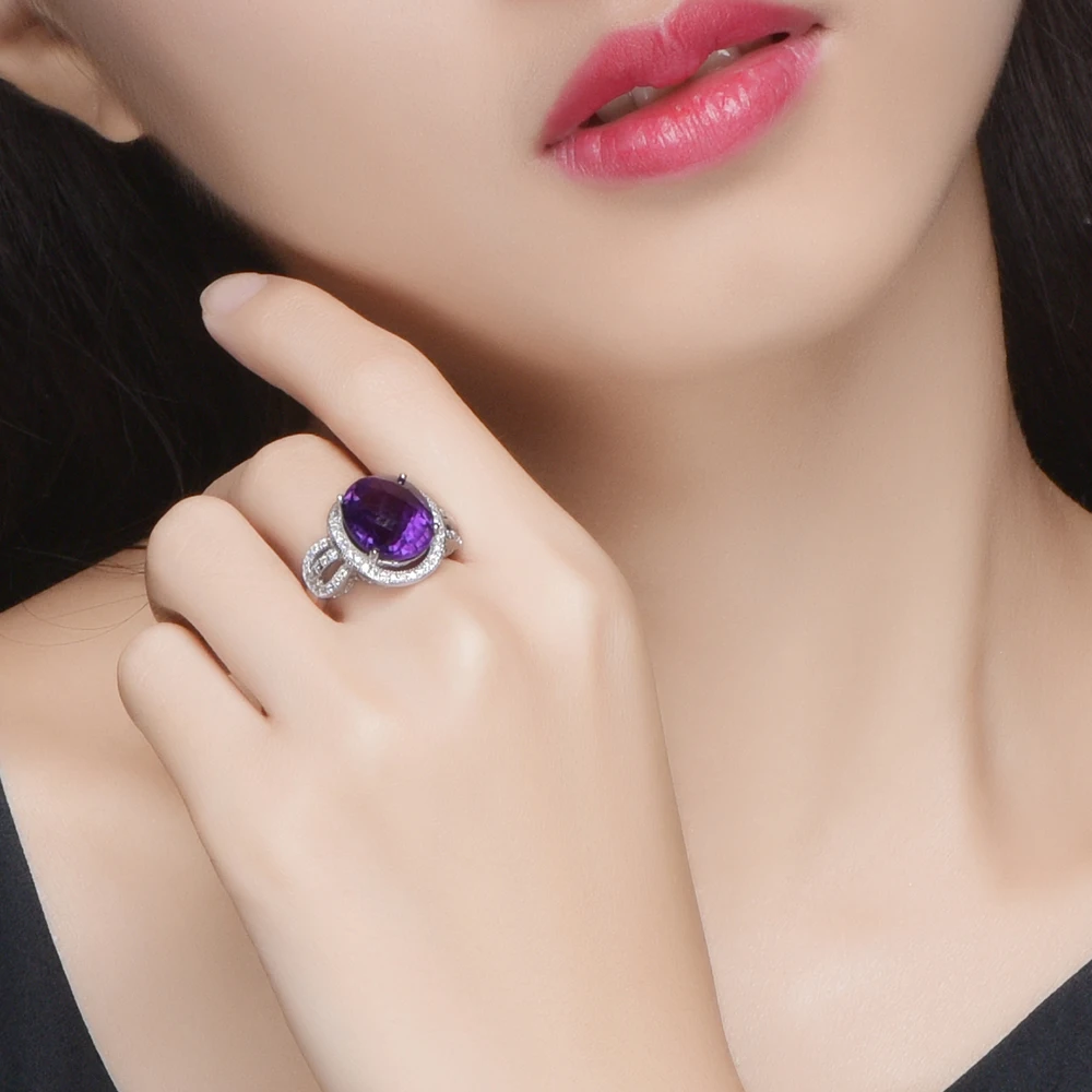L& Цзуань шахматная доска для резки 7.69ct кольцо с натуральным аметистом для женщины в 925 пробы серебро AAA+ Цирконий проложили кольцо с фиолетовым камнем