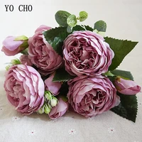 yo cho fashion beautiful peony artificial rose flowers wedding decoration silk flowers bouquet white peony red rose fake flowers