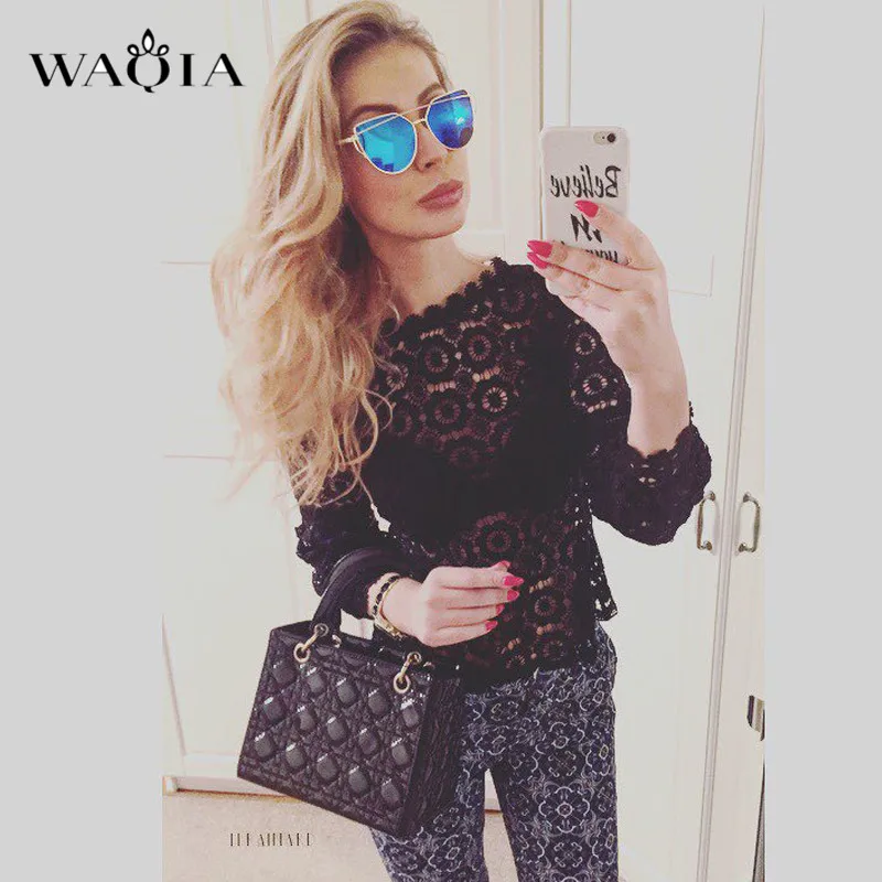 WAQIA элегантная Цветочная кружевная блузка рубашка женская белая с