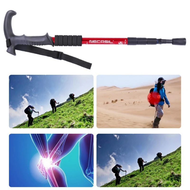 

Trekking pole Aluminum Alloy T-handle Walking Stick Collapsible Adjustable Anti Shock Telescopic 4-Section Canes Stick Travel