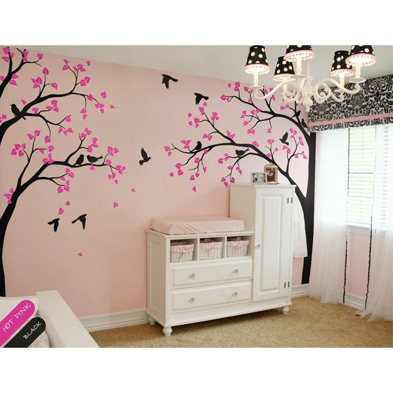 

Baby Bedroom Home Art Decor Cute Huge Tree With Falling Leaves And Birds Wall Sticker Vinyl Nursery Room Decorative Mural RS2381