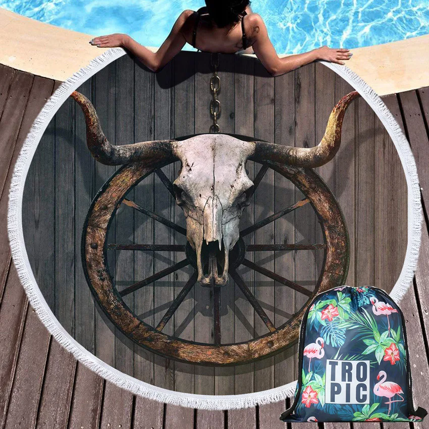 Летнее круглое пляжное полотенце Earth Bull Head из микрофибры рюкзак на шнурке сумка