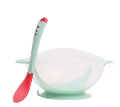 Green cover spoon Детские столовые приборы 3 шт./компл. чаша для присоски посуда ложка с датчиком температуры детское питание для кормления безопасная миска посуда - Цвет: Green cover spoon