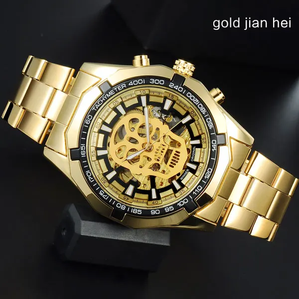 gold jian hei T-WINNER Мужские механические часы Winner Топ люксовый бренд из нержавеющей стали скелетные часы самоветер механические мужские часы - Цвет: gold jian hei