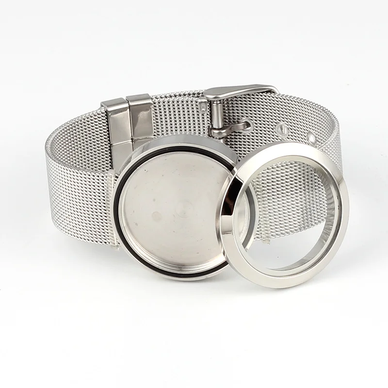 316L Stainless Steel Waterproof 25mm/30mm Screw Top Silver Floating Locket Bracelet with Mesh Watchband