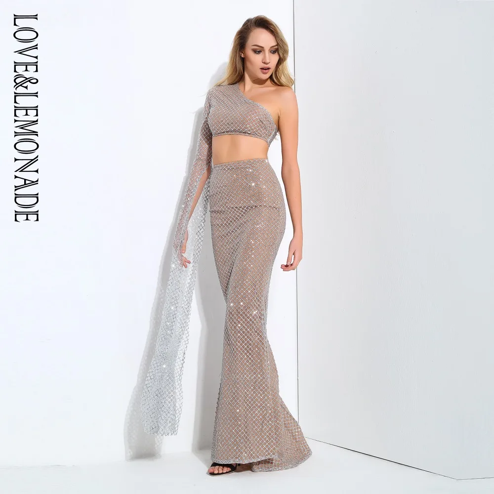 Женский костюм двойка LOVE & LEMONADE серебристый/телесный комплект с рукавами рожками