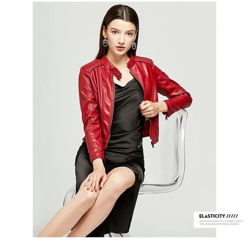 Korean Style Fashion Fit Crop Jacket Women Bomber Motorcycle Streetwear PU Red Spring | Женская одежда