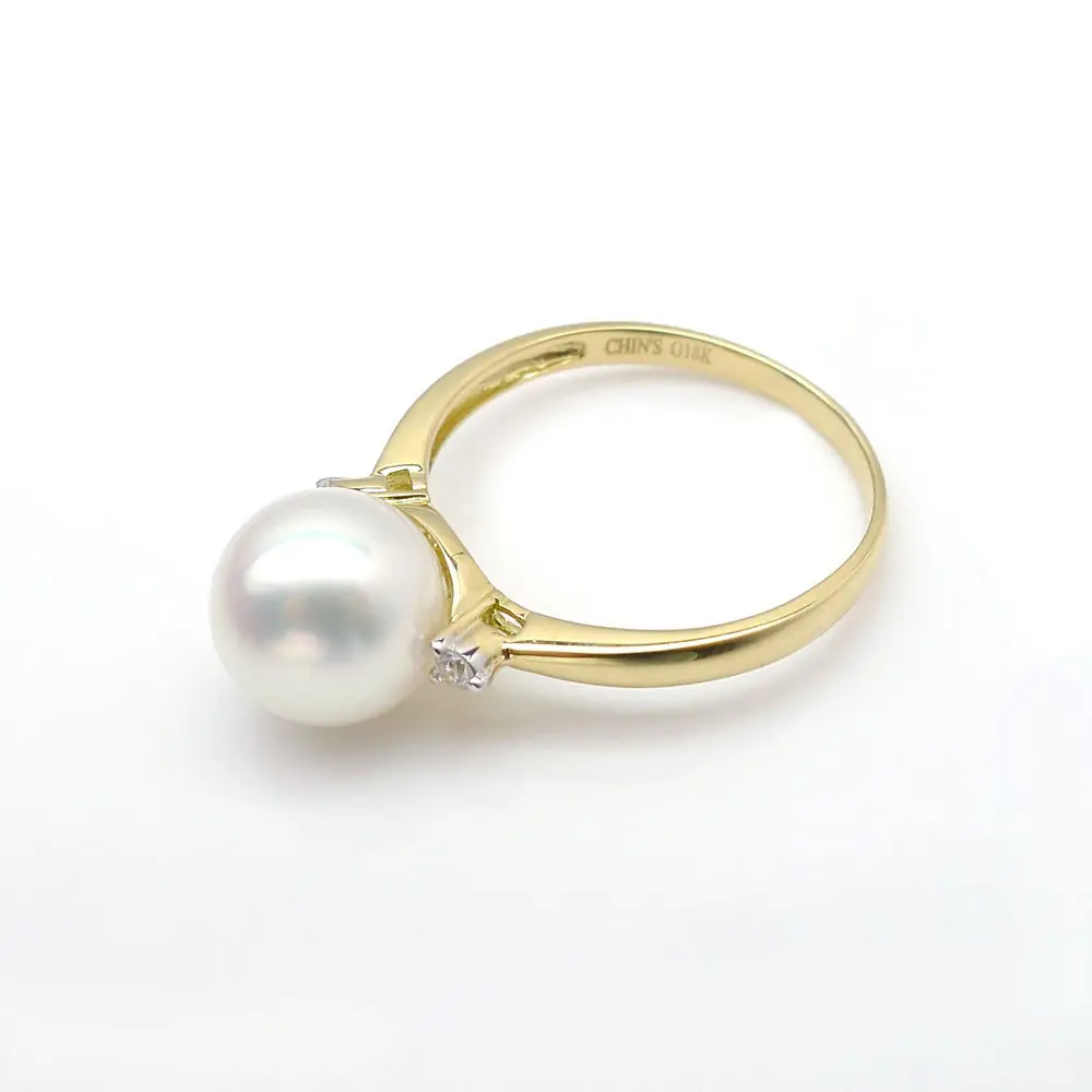 8 5 9 мм Круглое Белое подлинное кольцо Akoya с жемчугом и бриллиантом 18K желтое