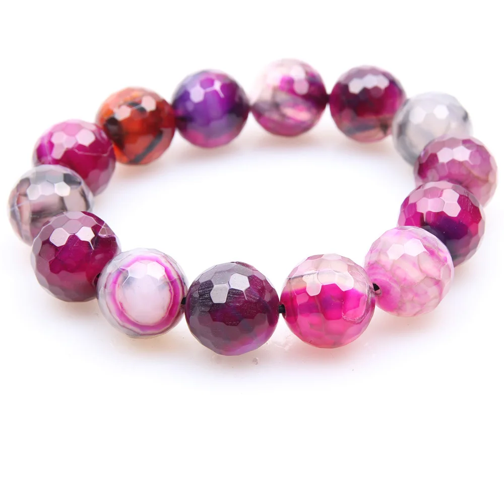 

14mm Faceted Natural Stone Rose Red Bead Onyx Agates Stretch Bracelets for Femme Lady Mala Beaded Reiki Meditation Jewelry