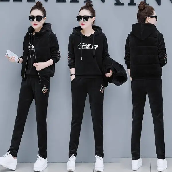 Gold velvet sweater suit female winter plus thickening new fashion casual jacket vest three-piece A |