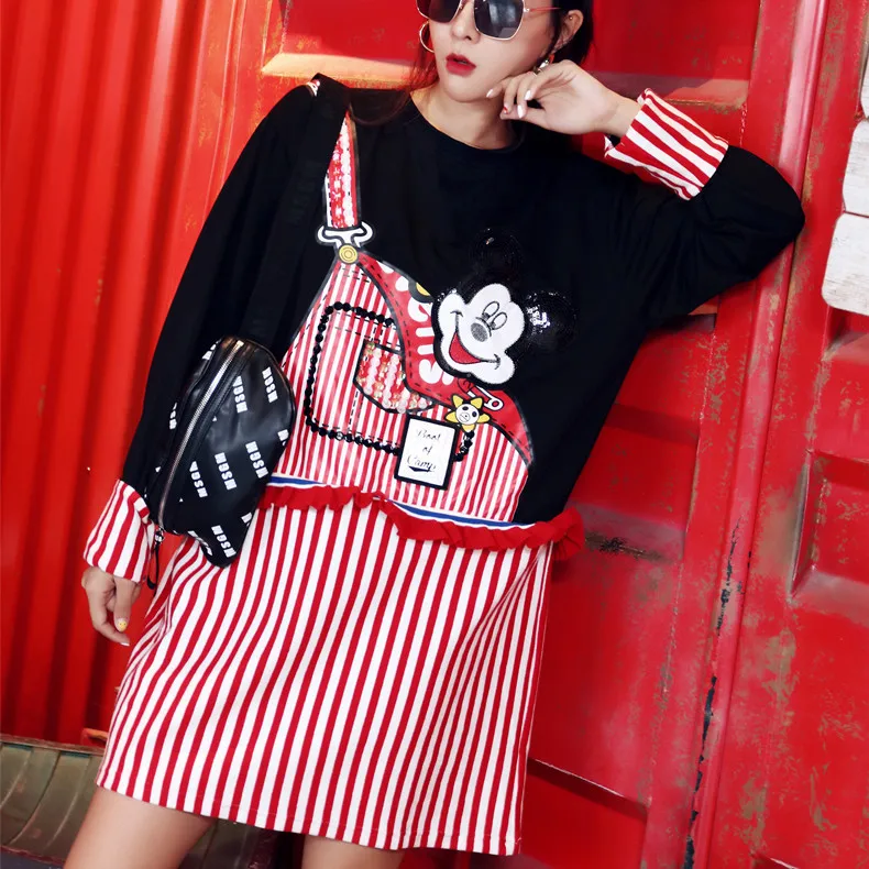 Autumn New Design Cartoon Sequins Long Sleeve Tees High Street Faux 2pcs Stripe Pullovers Big Size Casual Above Knee Dress | Женская