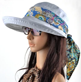 Летние шапки для женщин chapeu feminino Новая модная шляпа козырек Солнцезащитная шапка Складная шапка с шарфом защищающая от УФ-излучения 6 цветов - Цвет: gray