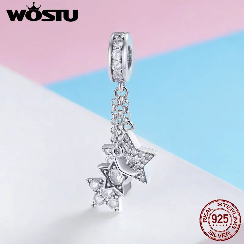 WOSTU 925 пробы серебряные сверкающие звезды прозрачный Циркон Шарм подходит бренд бисера браслет ожерелье ювелирных изделий подарок для влюбленных FIC881