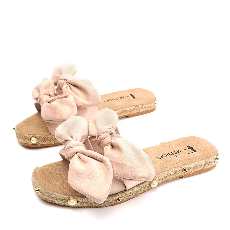 Новинка 2019 года Модные женские тапочки с бантом милые розовые туфли на плоской
