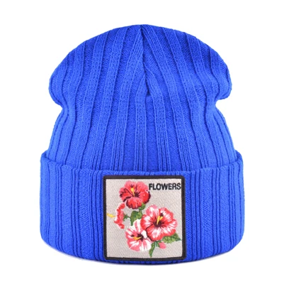 Женская шапка с цветочной нашивкой, осенне-зимние вязаные шапки Skullies, женские зимние мягкие двухслойные вязаный капот, мужские шапки Gorras - Цвет: Blue2