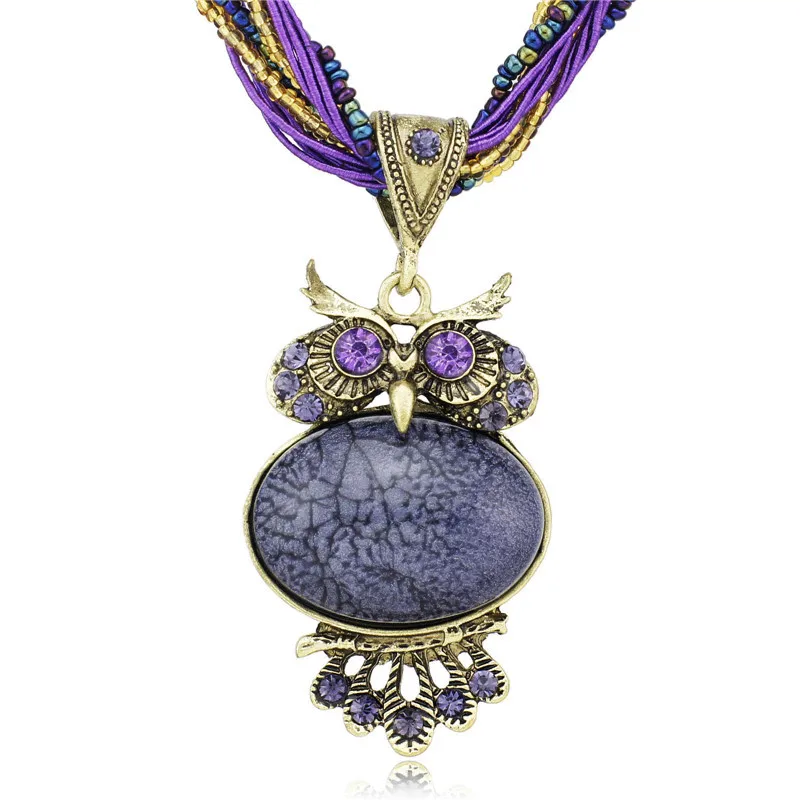 Bohemia Stunning Crystal Owl Chunky Gem Bronze Rope Chain Pendant Clavicle Glass Beads Necklace Free Shipping B040 | Украшения и