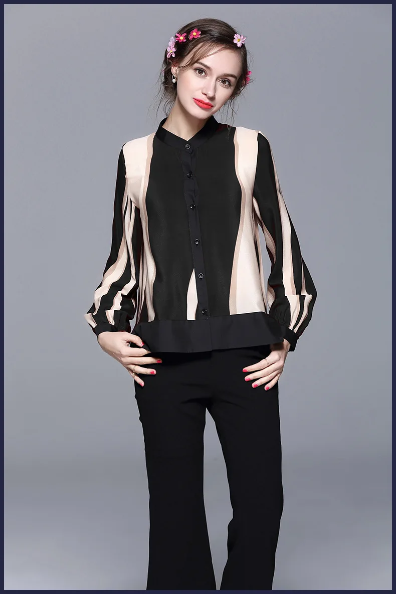 Hot sale spring summer new fashion women long sleeve silk shirt Lady stand collar striped blouse 100% Female loose |