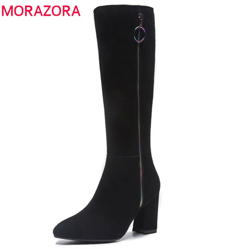 Женские замшевые ботинки MORAZORA до колена на молнии с острым носком высоком