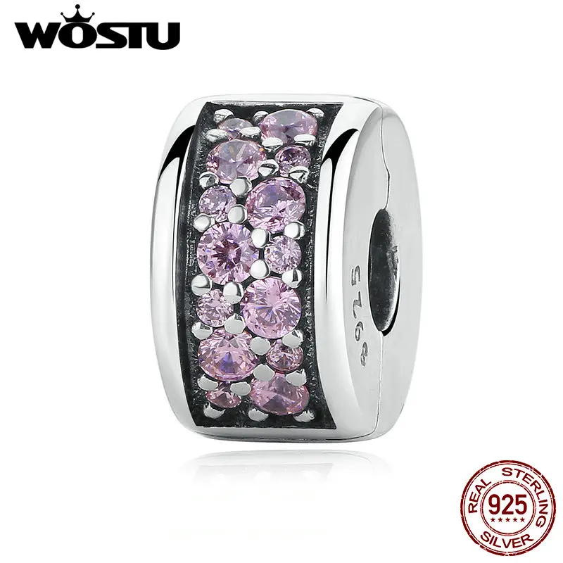 WOSTU 100% 925 пробы Серебряный элегантная блестящая клипса Шарм с розовым CZ Fit