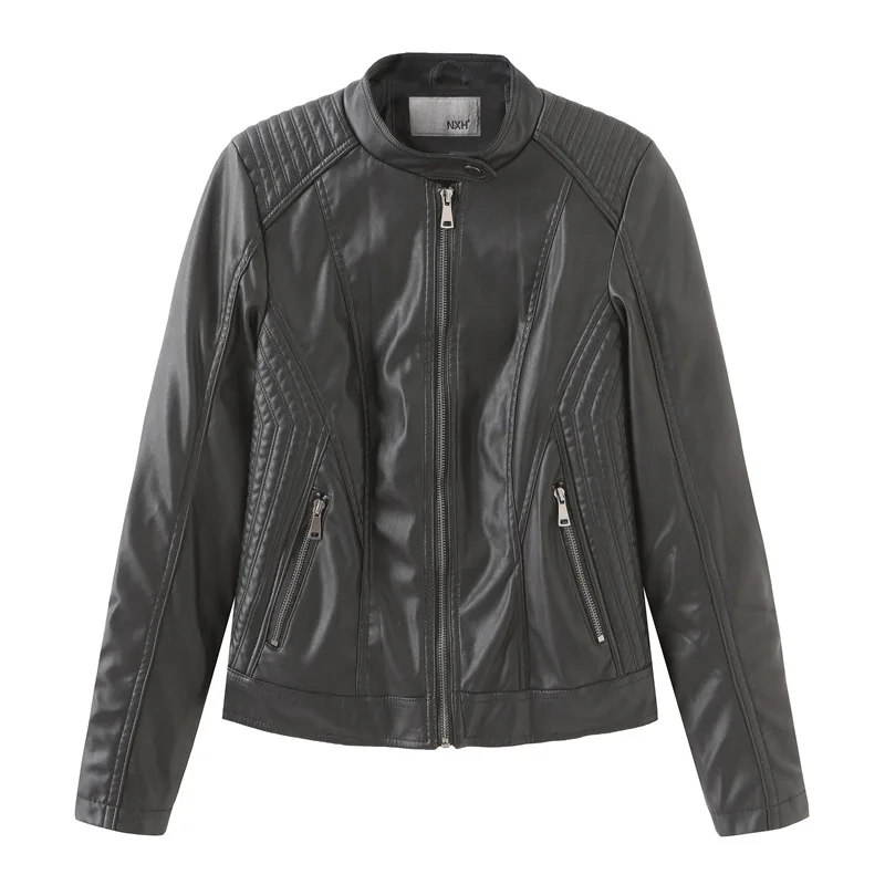 NXH Осенняя кожаная женская куртка из искусственной кожи, байкерская куртка черного цвета, большие размеры, модная красная розовая кожаная куртка - Цвет: Черный