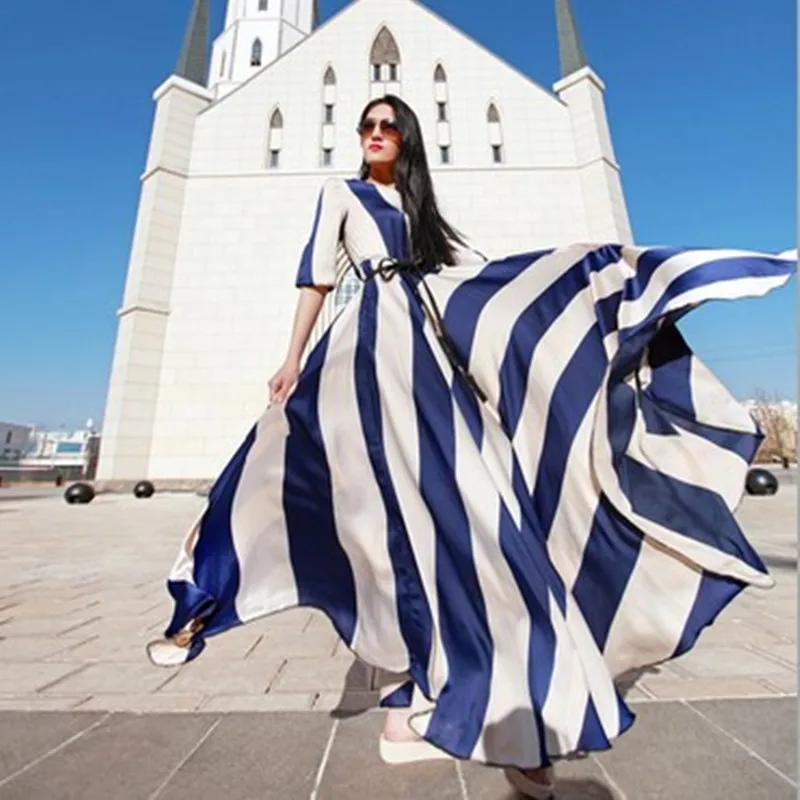 2017 Макси платье женское Элегантное Длинное Платье Полосатое шифоновое большой