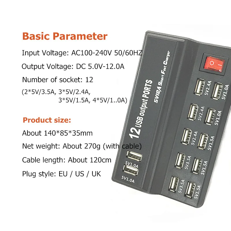 IPUMYNO многопортовое Зарядное устройство USB 12 портов 5 В макс. 3 А быстрое зарядное - Фото №1