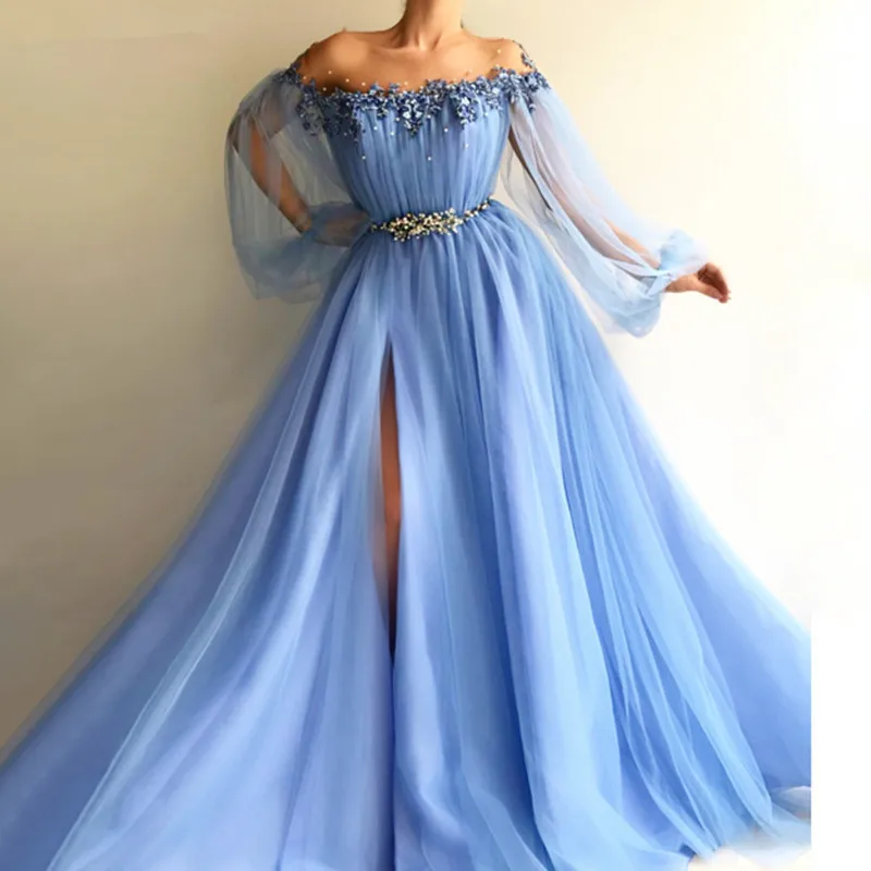 

Blue Muslim Evening Dresses A-line Long Sleeves Tulle Slit Pearls Islamic Dubai Saudi Arabic Long Formal Evening Gown Prom
