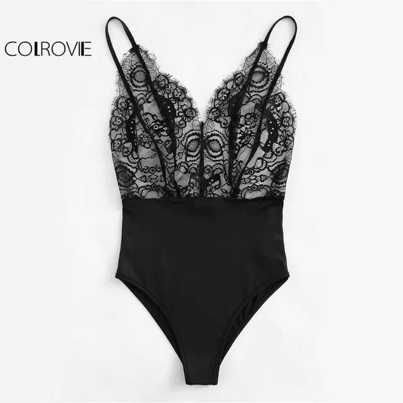 COLROVIE, винтажное Кружевное боди на бретельках, смешанные средства, для женщин, из кусков, тонкие, без рукавов, боди, черный, v-образный вырез, основной ремень, боди