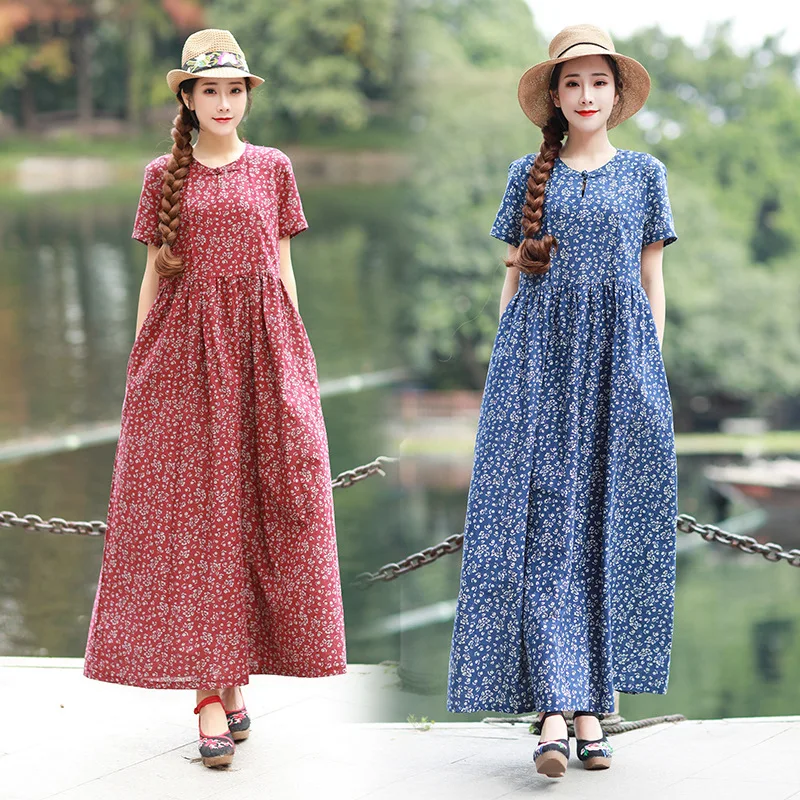Summer Dresses Women Printed Indie Folk V-Neck Collar Frog Button Loose Short Sleeve Casual Female Ankle-Length Fashion | Женская одежда