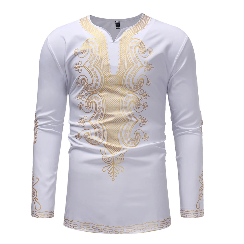 New Men's Casual Top Printed with African Turkish Ethnic Tshirt For Men Fashion Long Sleeve V-neck T-shirt Clothes | Мужская одежда