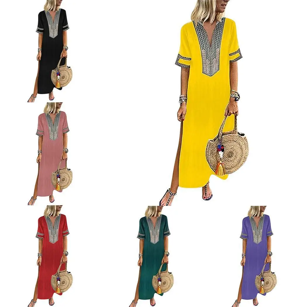 Женское повседневное летнее длинное платье с v образным вырезом и коротким