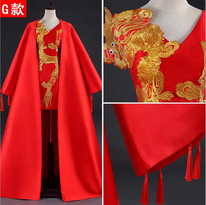 style 8 Роскошное красное вечернее платье со шлейфом, элегантное винтажное платье Ципао с золотой вышивкой Феникса, традиционное китайское свадебное платье - Цвет: style 8