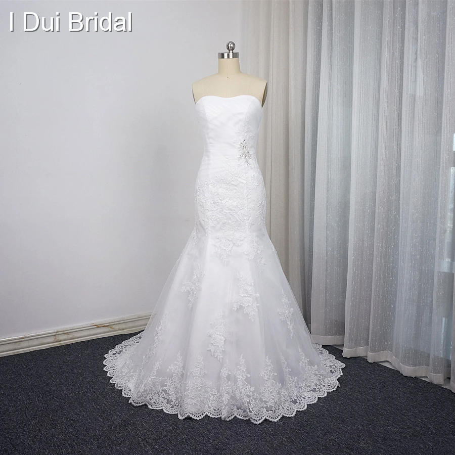 Платье Русалочки без бретелек для свадьбы плиссированное кружевное