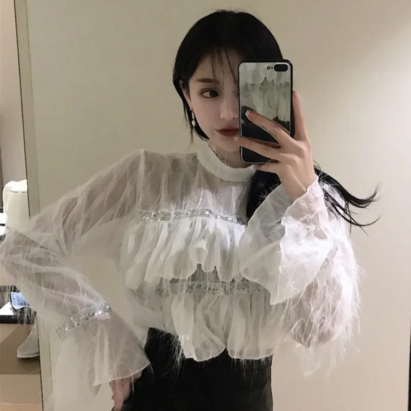 

Blusa Real Polyester Full Ruffles Zanzea Plus Size 2019 New Women's Shirt Sequins Trumpet Sleeves Collar Women Lace Blouse
