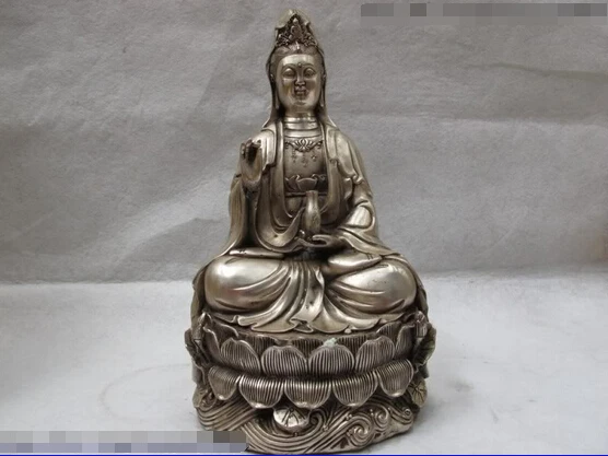 

song voge gem S0351 Chinese Royal White Copper Silver lotus flower Sit Guan Yin Bodhisattva Kwan-Yin