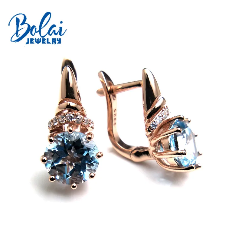Bolaijewelry, натуральный Небесно-Голубой топаз круглые 925 мм драгоценный камень, модная застежка, серьги, серебро пробы, хорошее ювелирное изделие для женщин, подарочная коробка