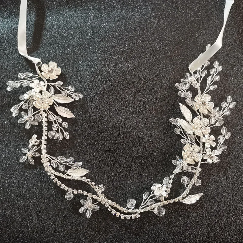 SLBRIDAL ручной работы Серебряный Цвет Кристалл Стразы цветочный лист Свадебные