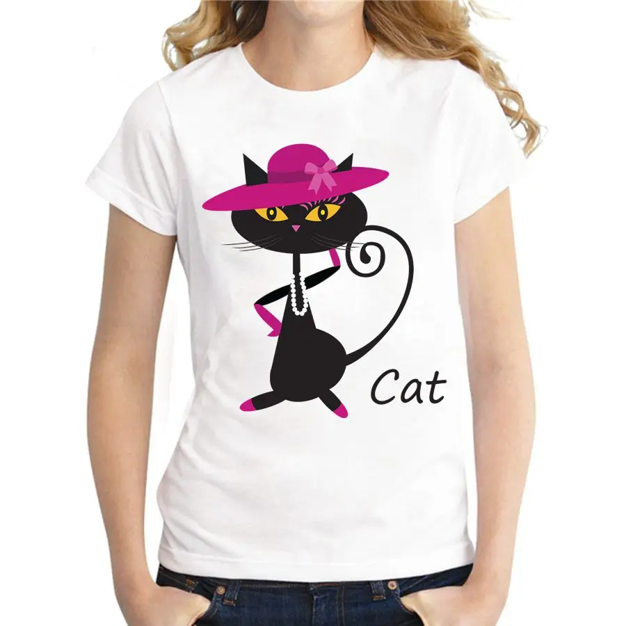 Модные женские туфли футболка мультфильм Kawaii кошка печать футболки Марка