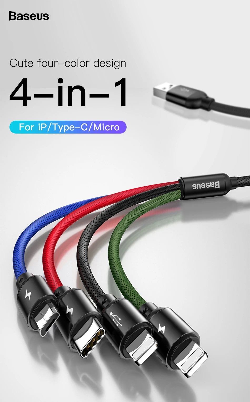 Usb-кабель Baseus 4 в 1 для iPhone X, 8, 7, 6 Plus, кабель для быстрой зарядки, кабель Micro USB type-C для samsung Galaxy S9, S8, One Plus, 6, 5t