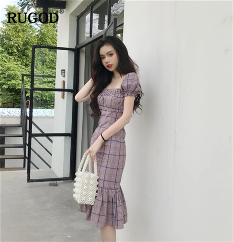 RUGOD 2020 новое летнее женское облегающее клетчатое платье русалки с квадратным