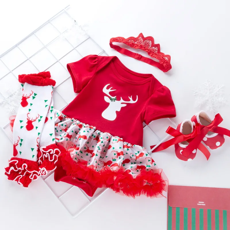 Красный милый комплект одежды принцессы для девочек на Рождество повязка на голову+ леггинсы носок+ туфли+ платья Одежда для первого Рождества Bebes