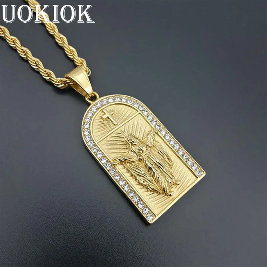 

Hip Hop Iced Out Bling Jesus Cross Pendant Necklace Gold Color Stainless Steel Crucifix Necklaces Religious Christian Jewelry