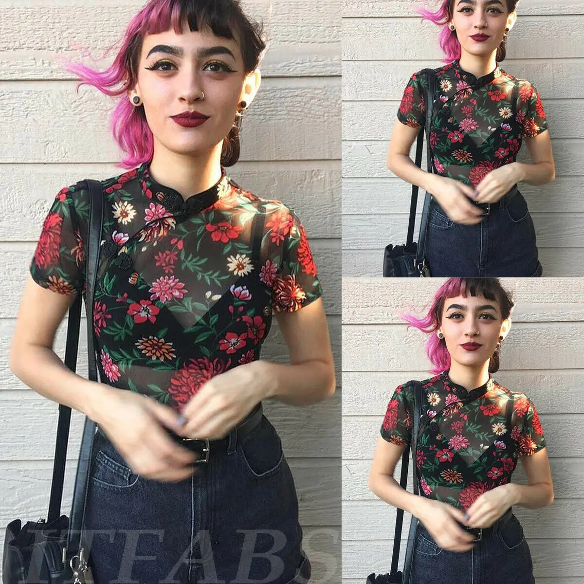 Женская блузка в стиле ретро полупрозрачная сетчатая с коротким рукавом и