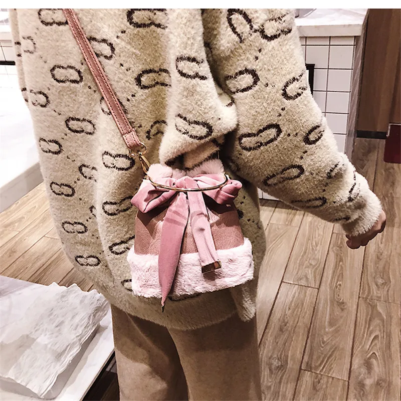 Модная мини сумка ведро зимние меховые сумки женские мессенджеры с