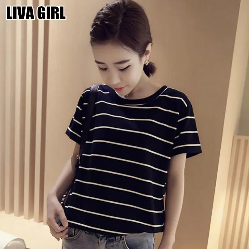 Liva Girl Simple Summer Fashion Women Black White Striped Short Sleeve Loose Tops Female Shirts Clothing Gifts | Женская одежда