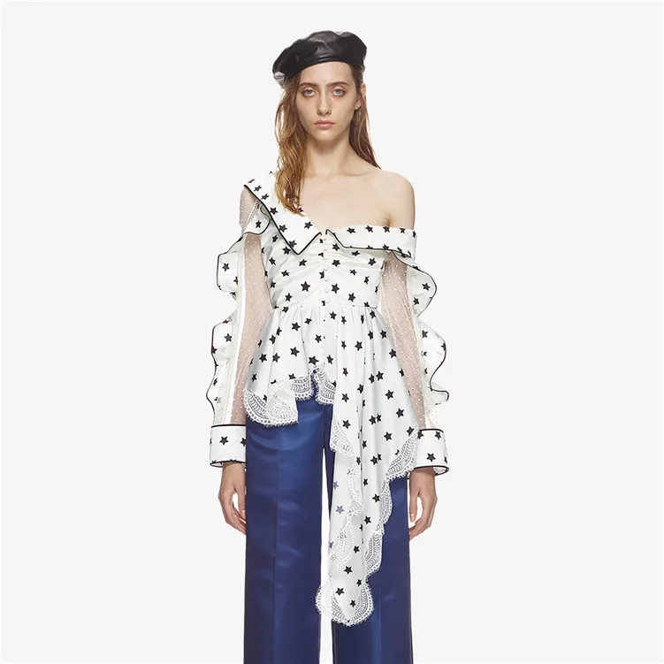 Женская Асимметричная блузка в горошек дизайнерская стиле пэчворк с длинным